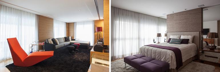 Gui Morelli - Para ambientes que pedem por aconchego, como esse home office e quarto projetados por Ieda e Carina Korman, os tapetes felpudos são os mais indicados